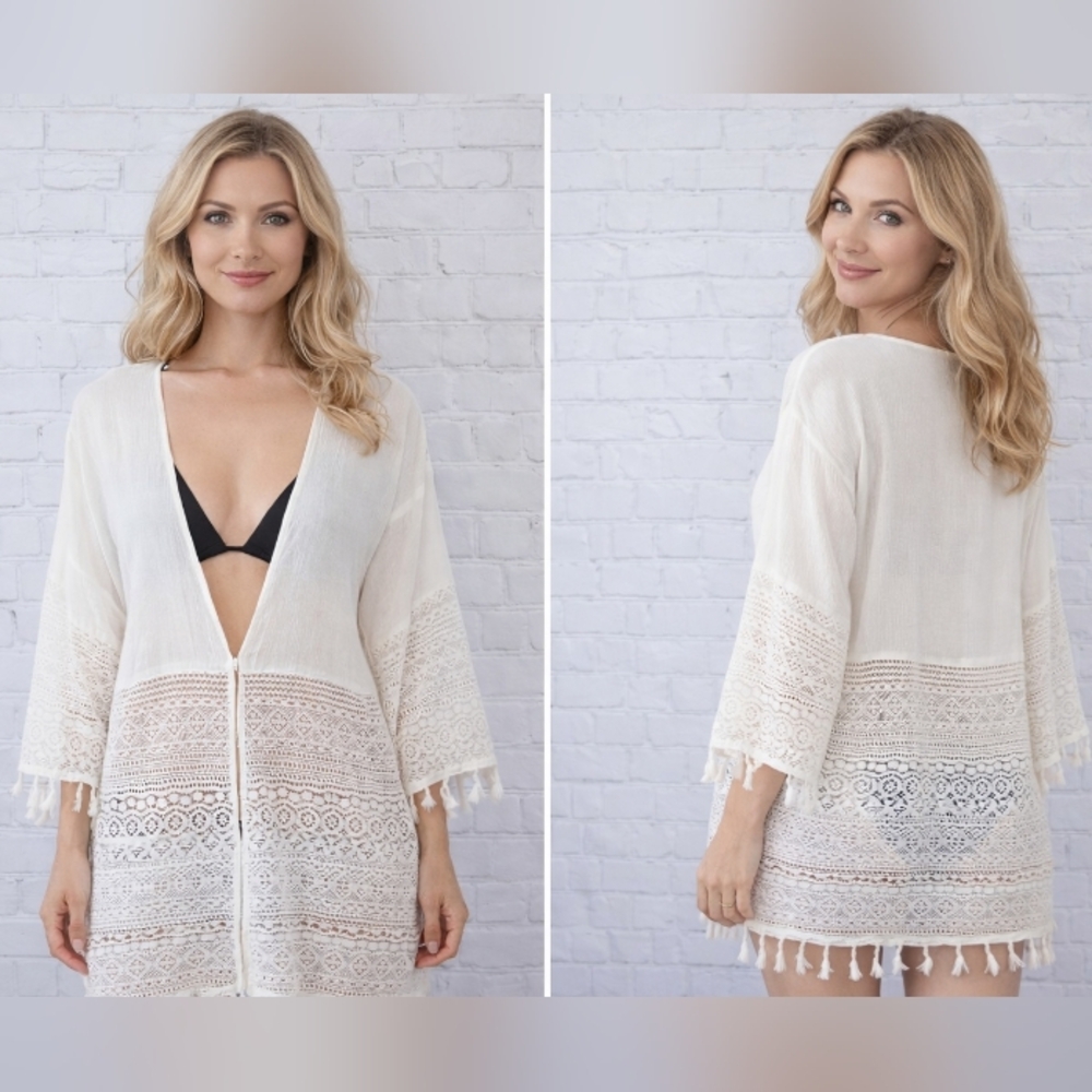 sheer white boho lace kimono tassel beach cover up m
